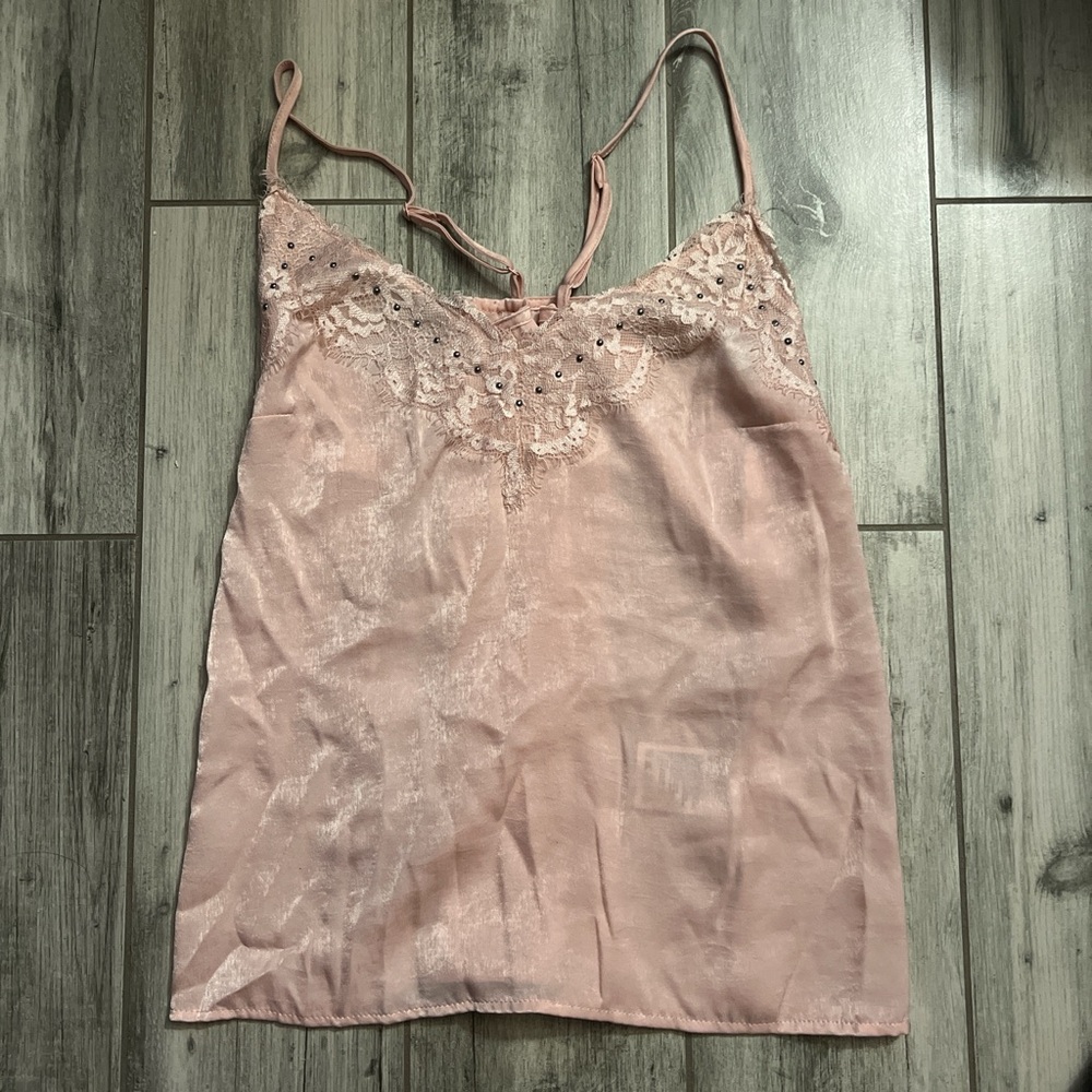 Silky pink Divided/H&M tank top with studded lace trim.